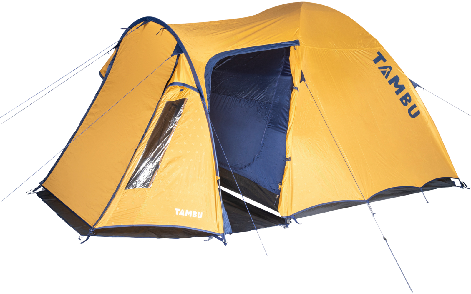 Orange dome tent with open entrance showing dark blue interior, transparent window, guy lines and "TAMBU" print on a white background