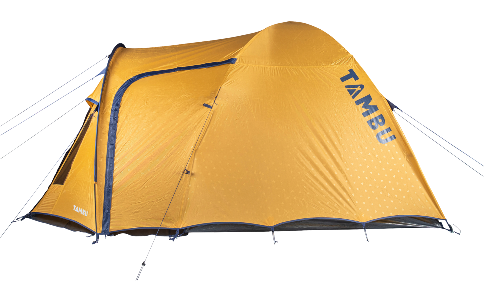 Orange tent with blue text 'TAMBU' on the side, visible zippers, guy lines and black ground trim, on white background
