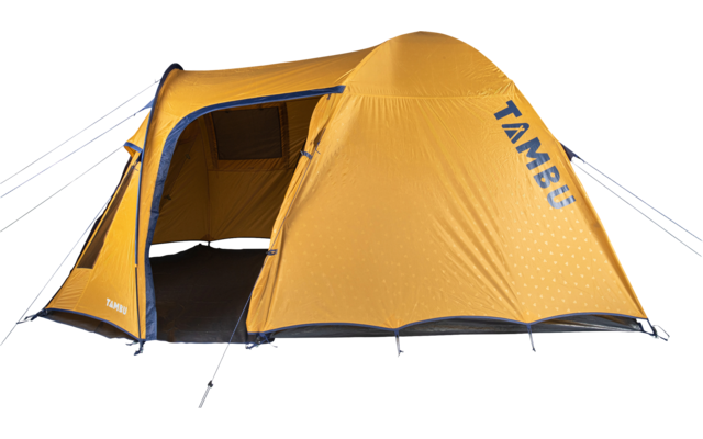 Orange tent with open entrance and the word 'TAMBU' on the side, isolated on a white background