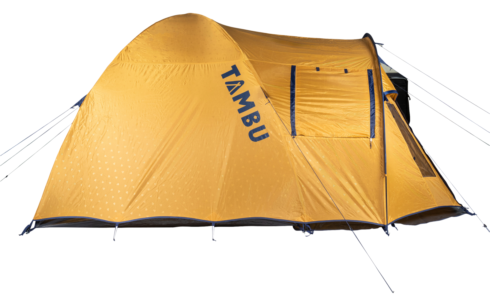 Orange tent with printed 'TAMBU' logo, visible guy lines and zipper