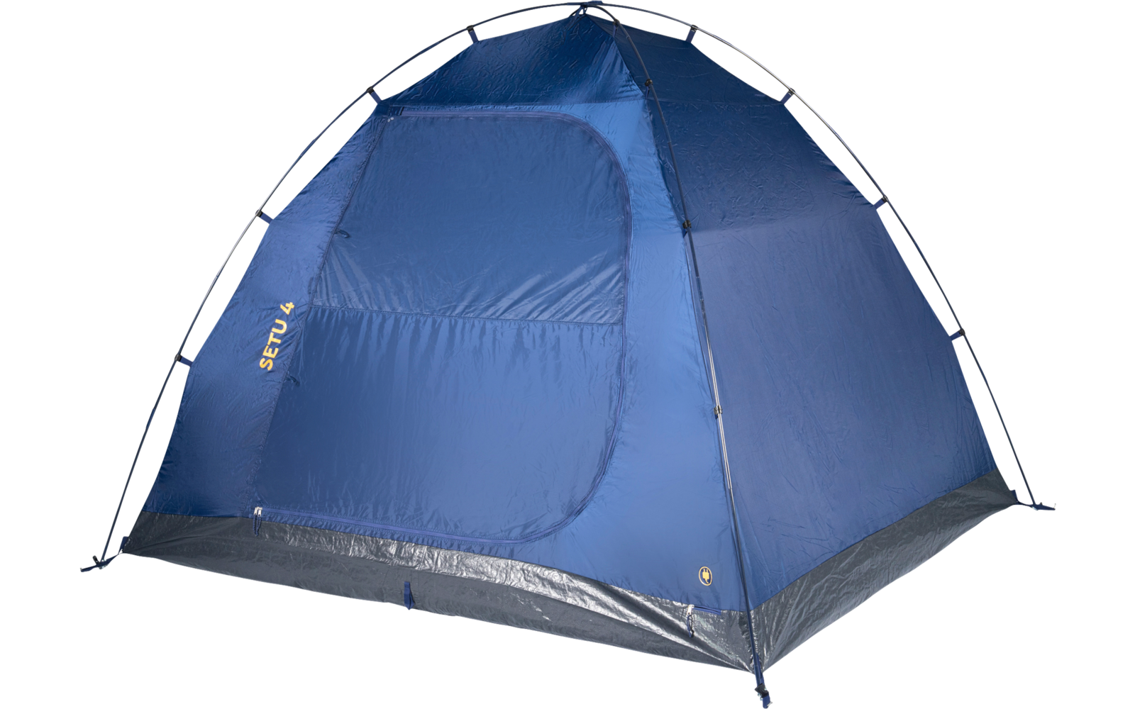 Blue dome tent with closed zippered entrance, gray floor rim, visible arched poles, small yellow logo near the base, white background