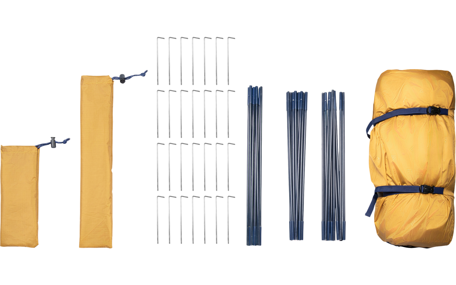 Two orange fabric sacks with drawstrings, multiple metal stakes, four sets of blue poles, and a rolled orange bundle secured with black straps