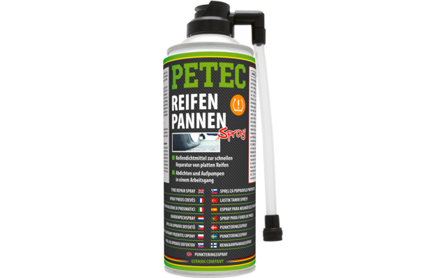 Spraydose mit Aufschrift 'PETEC REIFEN PANNEN Spray', weiß-grün-schwarzes Etikett, schwarzer Ausguss mit angeschlossenem Schlauch
