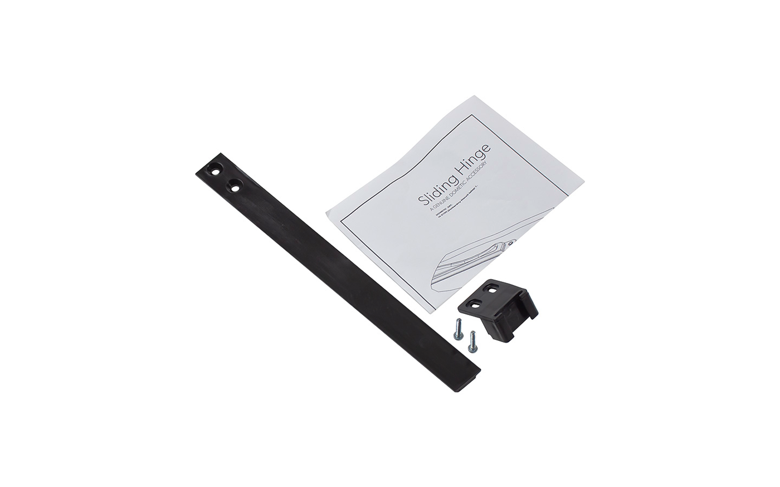 Longue bande en plastique noir avec deux trous ronds, petit élément de fixation en plastique noir, deux vis métalliques et une notice pliée portant l'inscription 'Sliding Hinge'