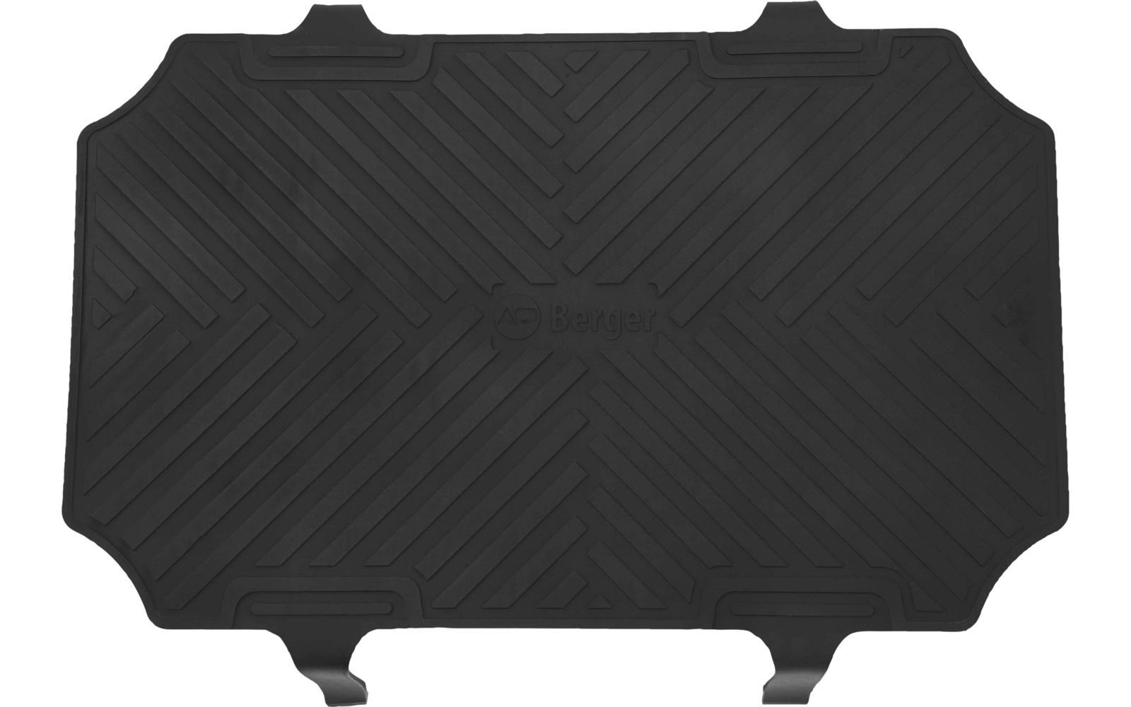 Schwarze rechteckige Gummimatte mit diagonalen Rillen in Chevron-Muster, abgerundeten Ecken, zwei unteren Laschen und mittig eingeprägtem Schriftzug "Beger"