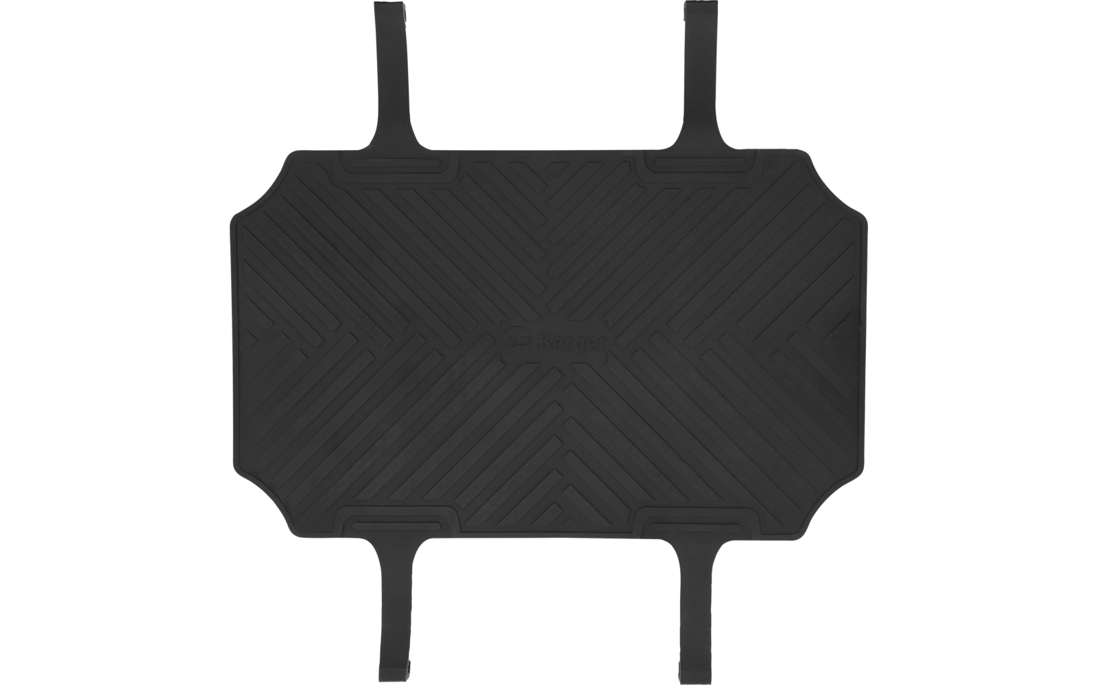 Schwarze rechteckige Gummimatte mit V-förmigen diagonalen Rillen, die ein Kreuzmuster bilden, vier Befestigungsschlaufen an den Seiten und rundes, eingeprägtes Logo in der Mitte