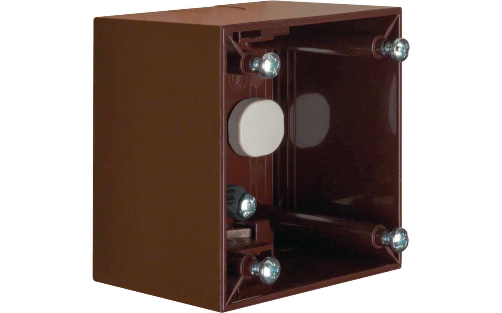 Braune quadratische Kunststoffdose mit vier Metallgewindeschrauben an den Ecken