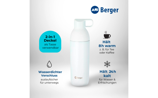 Berger Edelstahl Trinkflasche mit 2-in-1 Deckel 550 ml - wei&szlig; matt