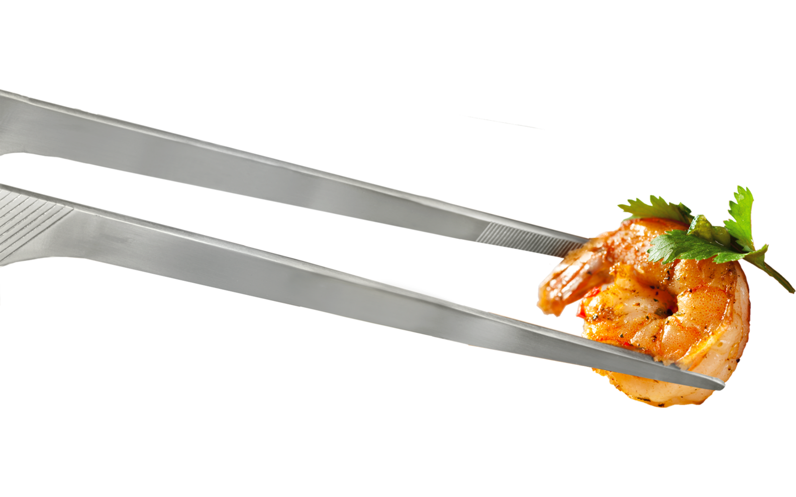 Metalen tang houdt een oranje garnaal met een klein groen kruidblad vast op een witte achtergrond
