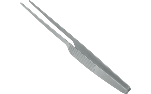 Zilverkleurige metalen pincet met scherpe punten en geribbelde greep