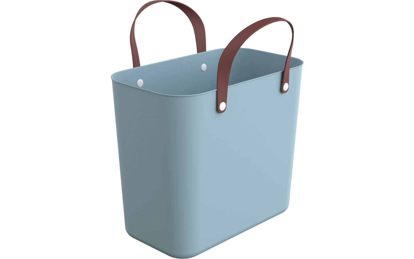 Blauer Korb mit braunen Griffen aus Leder