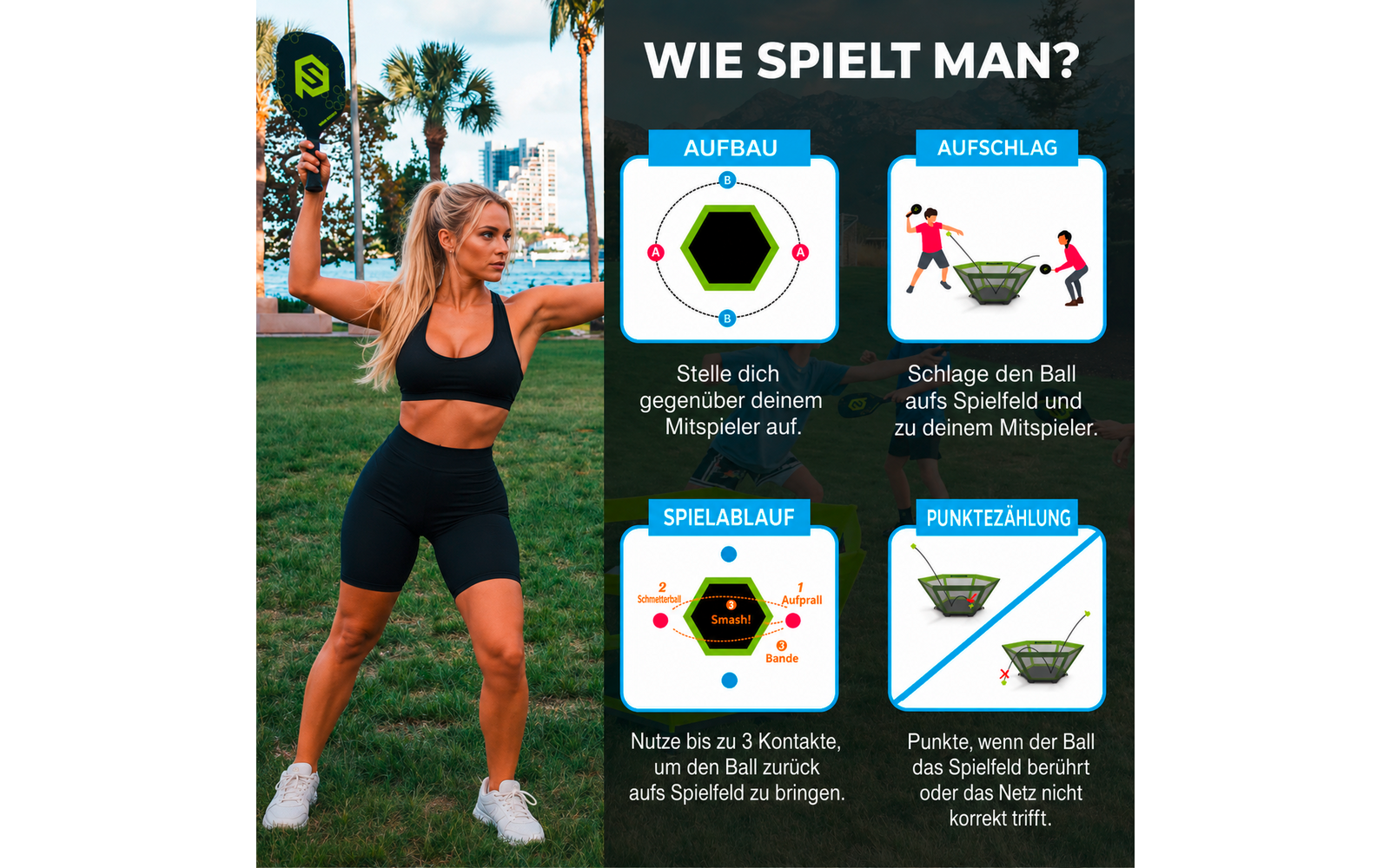 Product afbeelding PaddleSmash Spielset mit Schl&auml;gern, Pickleball und Netzsystem faltbar 7-teilig 1