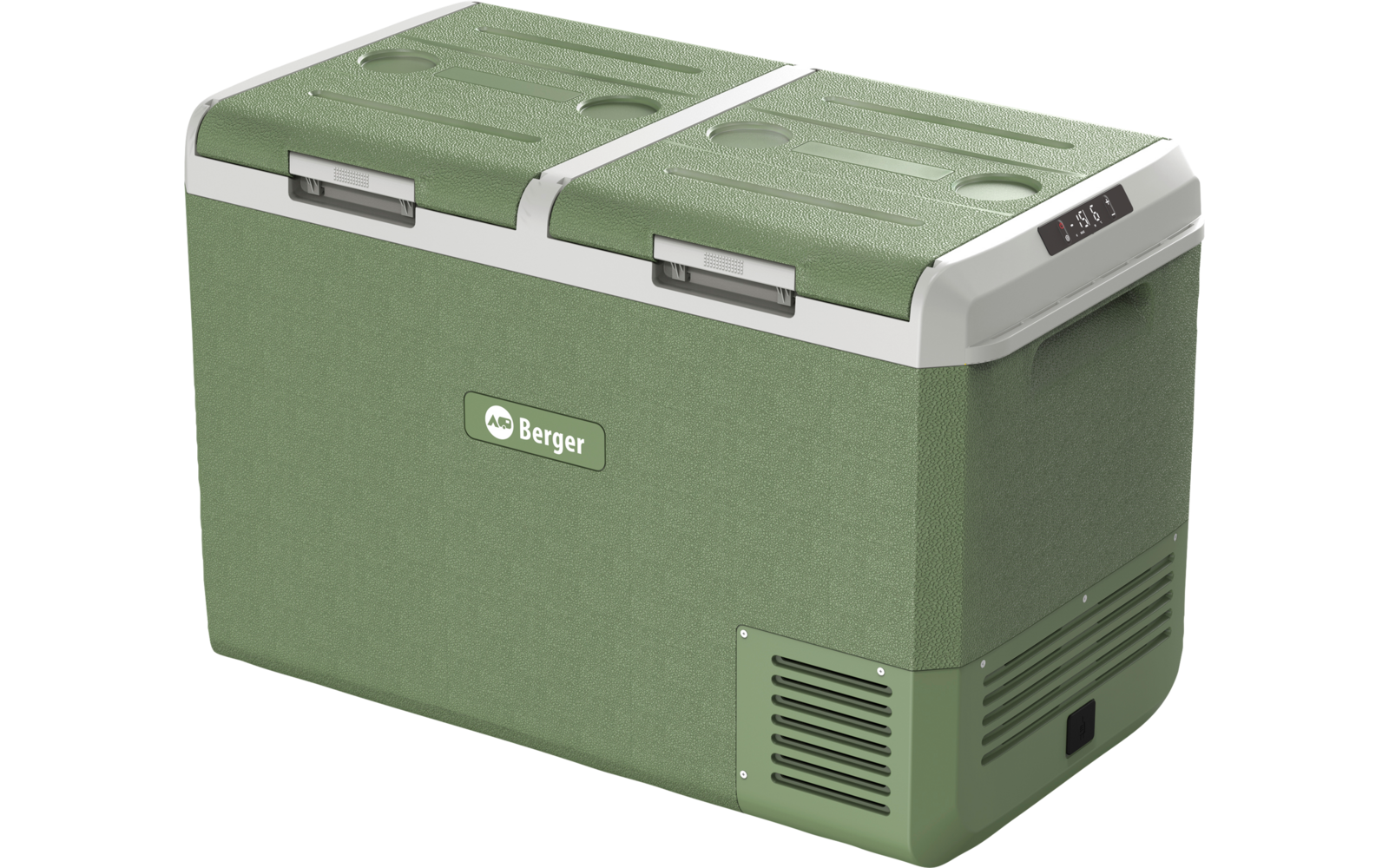 Grünes rechteckiges Gerät mit zwei oben liegenden Klappen, zwei Verriegelungen, kleinem Bedienfeld vorne rechts, Lüftungsgitter an der rechten Seite und 'Berger'-Logo auf der Vorderseite