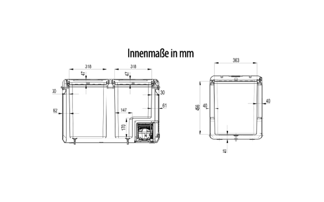 Dessin technique : à gauche deux compartiments rectangulaires adjacents avec couvercles, à droite une vue avant unique ; lignes de cote et chiffres en millimètres ; titre 'Innenmaße in mm'