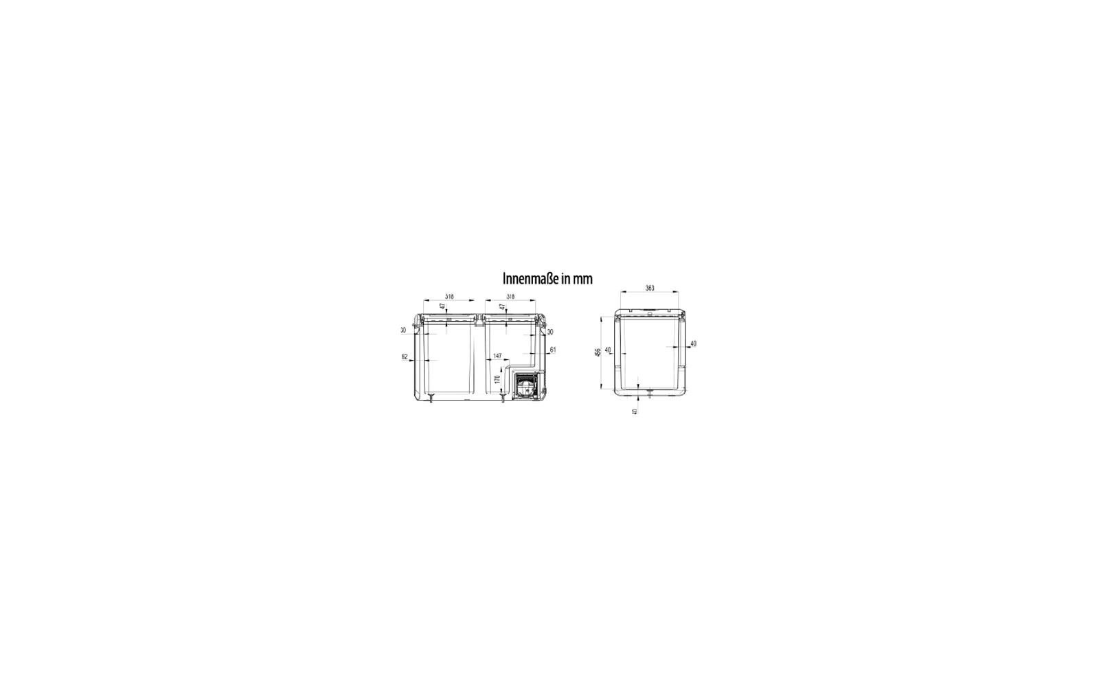 Dessin technique : à gauche deux compartiments rectangulaires adjacents avec couvercles, à droite une vue avant unique ; lignes de cote et chiffres en millimètres ; titre 'Innenmaße in mm'