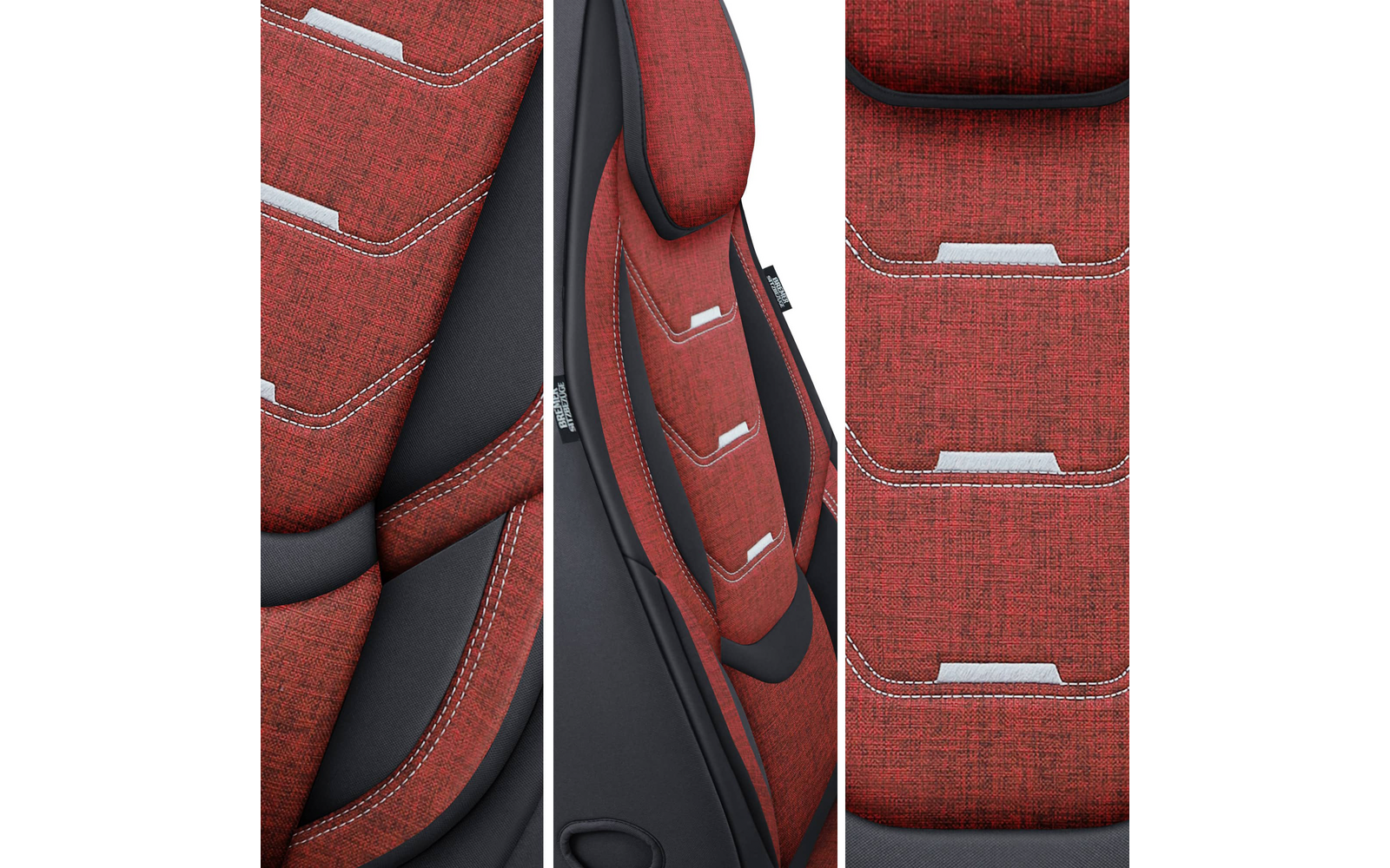 Drei Detailansichten eines roten Polsterbezugs mit schwarzer Seitenkante, weißen Schlaufen und sichtbaren weißen Ziernähten