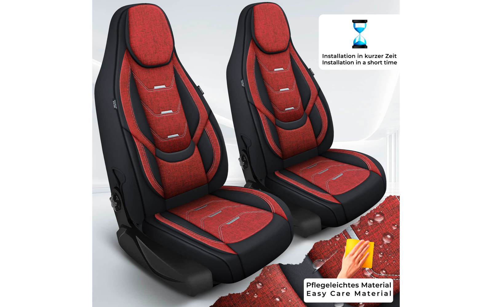 Zwei rote und schwarze Autositze nebeneinander vor hellem Hintergrund; rechts oben weiße Infobox mit Sanduhr-Symbol und Text; rechts unten Hand wischt rotes Stoffmuster mit gelbem Tuch