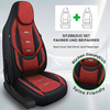 Roter-schwarzer Autositzbezug auf Fahrersitz; oben rechts Piktogramm zweier Sitze mit grünem Plus; Text 'SITZBEZUG SET FAHRER UND BEIFAHRER' und darunter 'Seat Cover Set Driver and Passenger'; rundes Badge mit 'Rücken Freundlich / Spine Friendly'