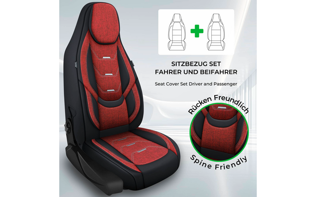 Roter-schwarzer Autositzbezug auf Fahrersitz; oben rechts Piktogramm zweier Sitze mit grünem Plus; Text 'SITZBEZUG SET FAHRER UND BEIFAHRER' und darunter 'Seat Cover Set Driver and Passenger'; rundes Badge mit 'Rücken Freundlich / Spine Friendly'