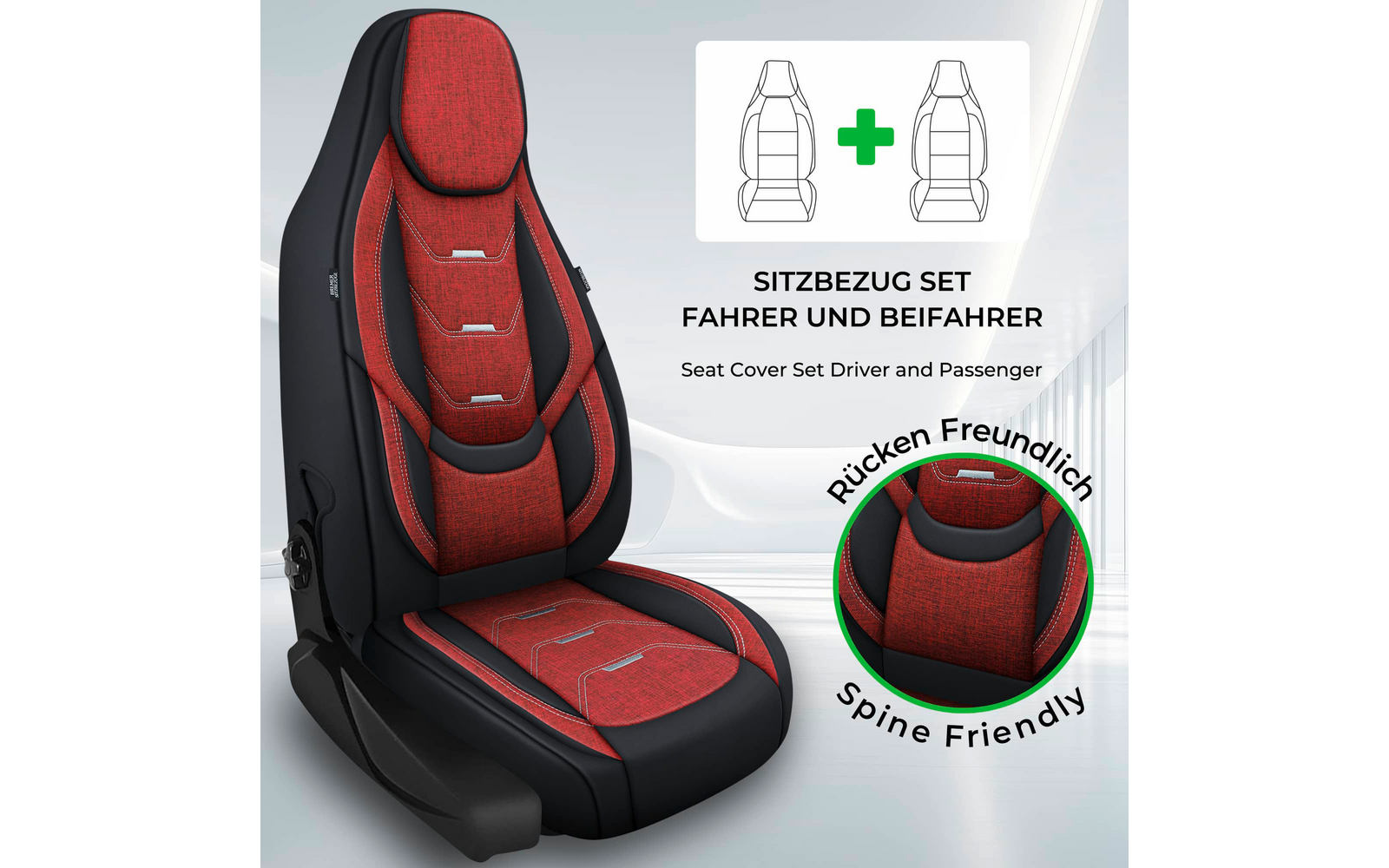 Roter-schwarzer Autositzbezug auf Fahrersitz; oben rechts Piktogramm zweier Sitze mit grünem Plus; Text 'SITZBEZUG SET FAHRER UND BEIFAHRER' und darunter 'Seat Cover Set Driver and Passenger'; rundes Badge mit 'Rücken Freundlich / Spine Friendly'
