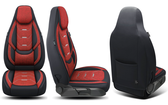 Drei Ansichten eines Autositzes: Vorder-, Seiten- und Rückansicht; schwarzer und roter Stoffbezug, integrierte Kopfstütze und Rückentasche