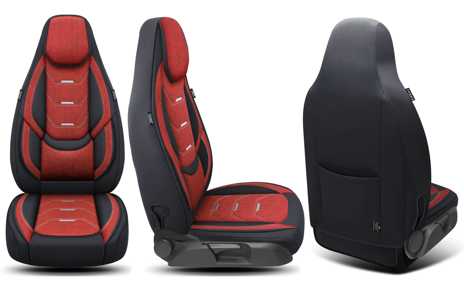 Drei Ansichten eines Autositzes: Vorder-, Seiten- und Rückansicht; schwarzer und roter Stoffbezug, integrierte Kopfstütze und Rückentasche