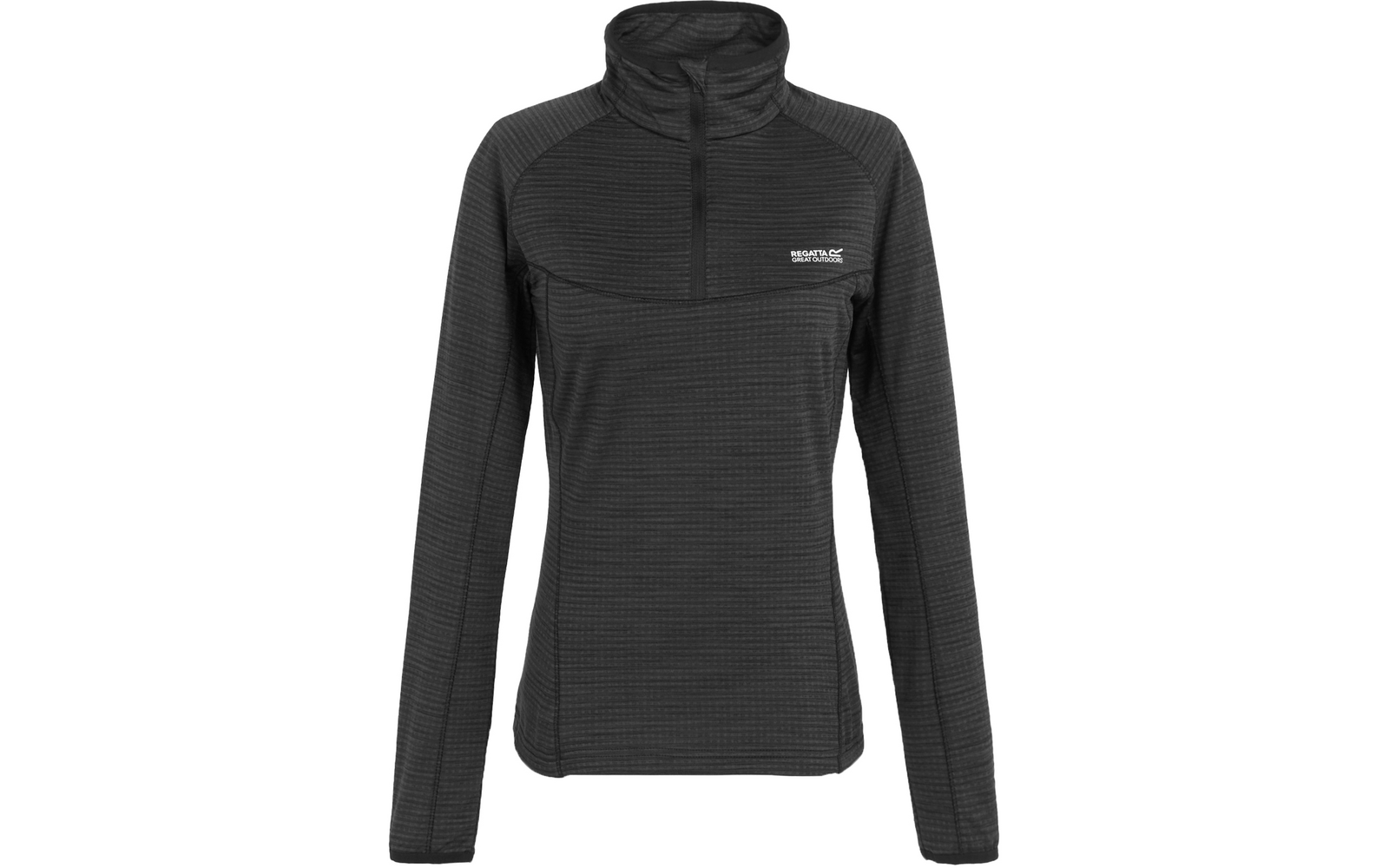 Donkergrijze fleece met lange mouwen, opstaande kraag en korte rits aan de voorkant, gestructureerd wafel-/rasterpatroon, klein wit logo op de linkerborst