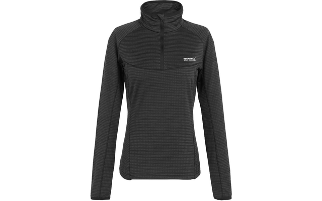 Donkergrijze fleece met lange mouwen, opstaande kraag en korte rits aan de voorkant, gestructureerd wafel-/rasterpatroon, klein wit logo op de linkerborst