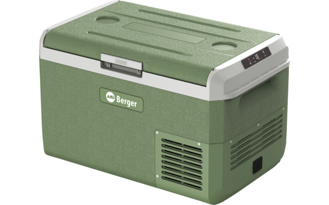 Grüne Kühlbox mit weißem Deckel, Lüftungsschlitzen, digitalem Display und Schriftzug "Berger"