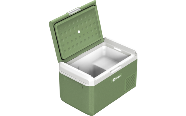 Grüne Kühlbox mit geöffnetem Deckel, weißer Innenrand und zwei Fächer, auf weißem Hintergrund