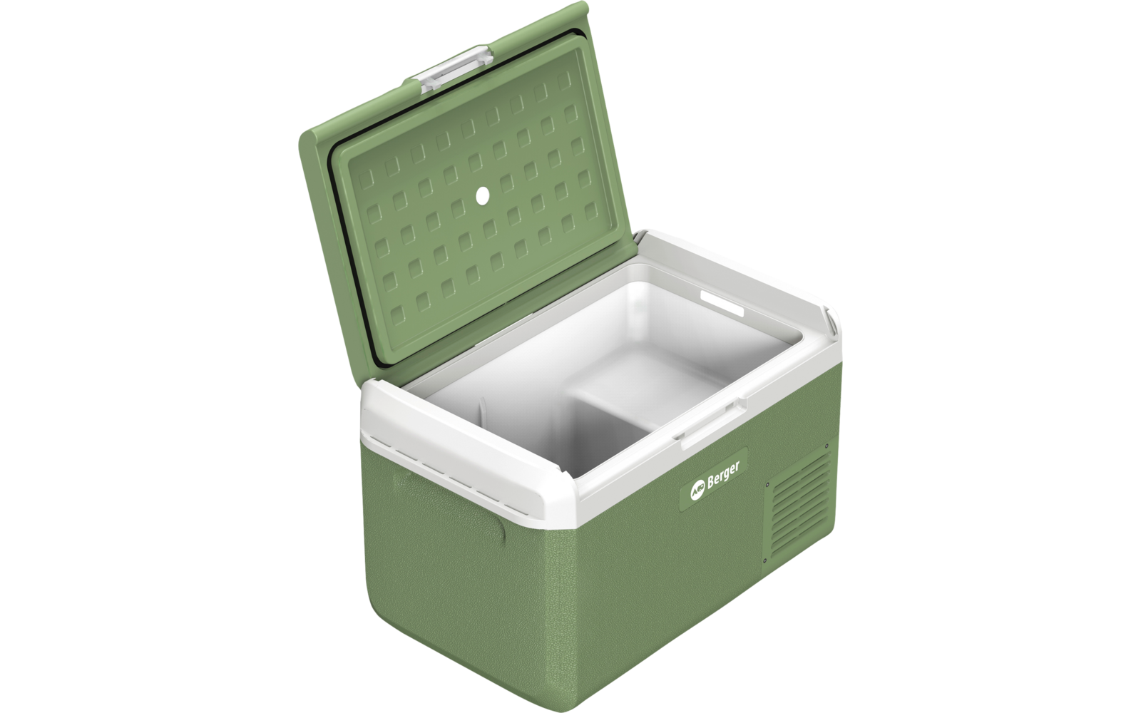 Grüne Kühlbox mit geöffnetem Deckel, weißer Innenrand und zwei Fächer, auf weißem Hintergrund