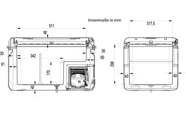 Dessin technique d’un boîtier rectangulaire présenté en deux vues (face et profil) avec des lignes de cotes en millimètres ; en bas à droite, un petit élément rectangulaire avec conduites/connexions est visible ; cotes comme 511, 317.5 et 268 mm affichées