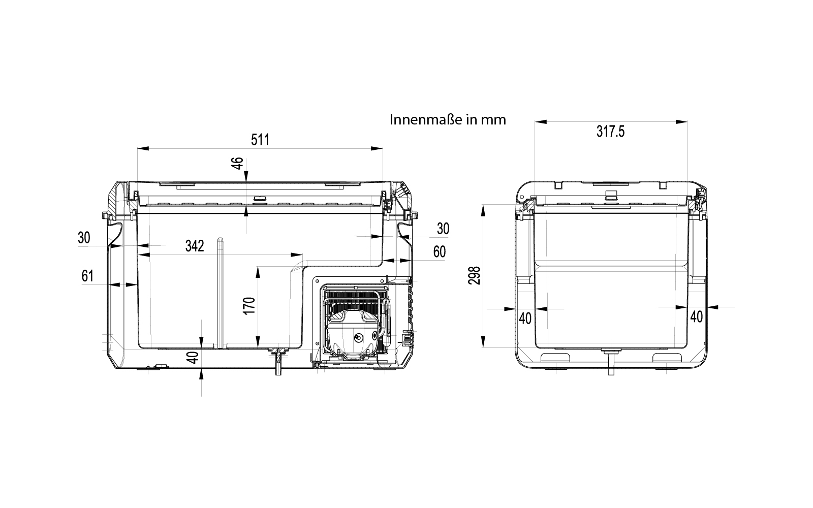 Dessin technique d’un boîtier rectangulaire présenté en deux vues (face et profil) avec des lignes de cotes en millimètres ; en bas à droite, un petit élément rectangulaire avec conduites/connexions est visible ; cotes comme 511, 317.5 et 268 mm affichées