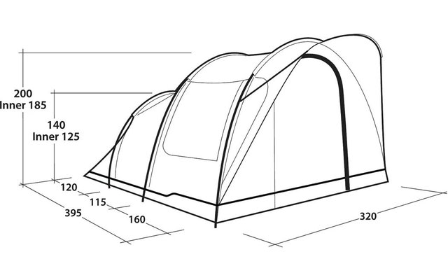 Zwart-witte technische tekening van een tent met meerdere bogen, met maatlijnen en cijfers: 320, 395, 200, Inner 185, 140, Inner 125, 120, 115, 160