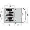 Bovenzicht schematische tekening: links een rechthoekig gebied met zes liggende menssilhouetten naast elkaar, gestippelde middenlijn, maatlabels (215, 150, 235, 160, 320), afgeronde voorkant rechts, kleine rechthoekige symbolen met lijnen