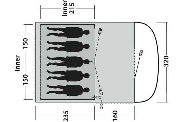 Bovenzicht schematische tekening: links een rechthoekig gebied met zes liggende menssilhouetten naast elkaar, gestippelde middenlijn, maatlabels (215, 150, 235, 160, 320), afgeronde voorkant rechts, kleine rechthoekige symbolen met lijnen