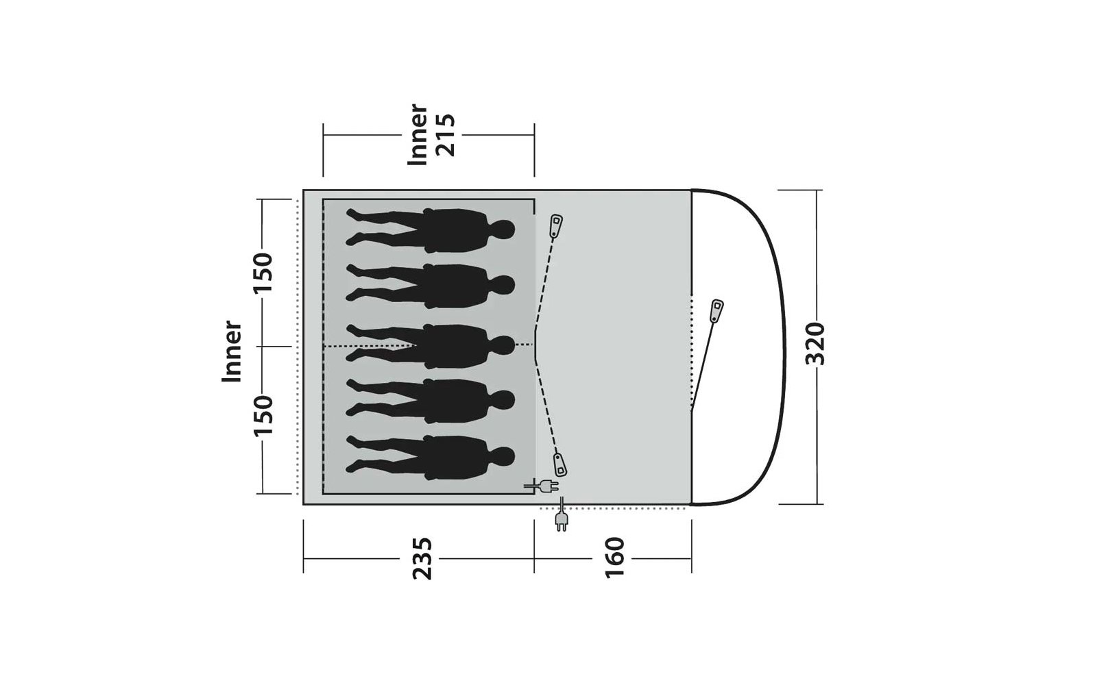 Bovenzicht schematische tekening: links een rechthoekig gebied met zes liggende menssilhouetten naast elkaar, gestippelde middenlijn, maatlabels (215, 150, 235, 160, 320), afgeronde voorkant rechts, kleine rechthoekige symbolen met lijnen