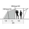 Zijaanzicht met drie secties, twee staande menselijke silhouetten, één gedragen kind, maatlabels 120, 115, 160, 395, hoogteaanduidingen 140/Inner125 en 200/Inner185 en gearceerde vlakken