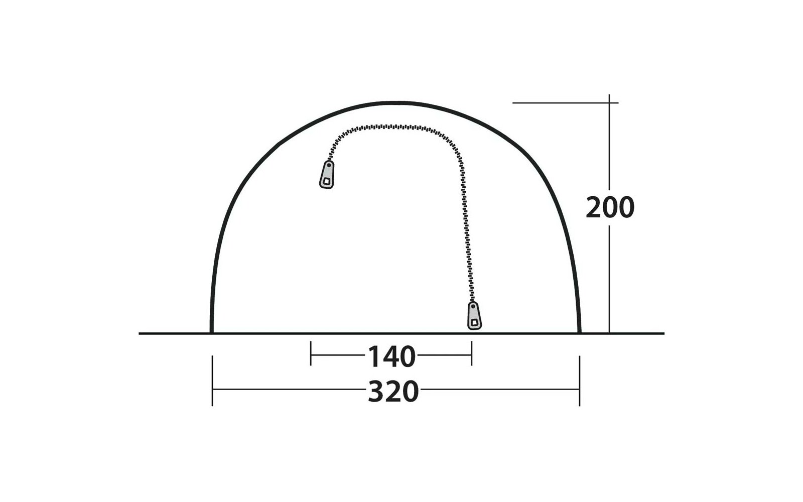 Zwart-wit schematische tekening van een halve cirkelvormige koepel boven een basislijn; rechts is de hoogte '200' aangegeven; onderaan zijn de afmetingen '140' en '320' weergegeven; vanaf het bovenste midden lopen twee gestippelde lijnen naar twee kleine rechthoekige hangertjes