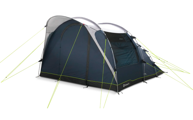 Donkerblauw-grijs tunneltent met lichtgrijs dak en neongele scheerlijnen op witte achtergrond
