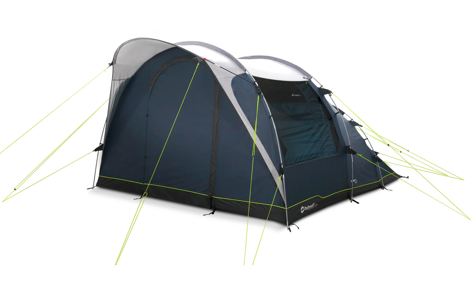Donkerblauw-grijs tunneltent met lichtgrijs dak en neongele scheerlijnen op witte achtergrond