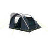 Donkerblauw-grijze tent met twee grote ingangen, een grijze luifel, zichtbare stokken en neongele scheerlijnen op een witte achtergrond