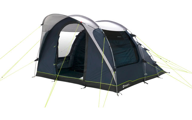 Donkerblauw-grijze tent met twee grote ingangen, een grijze luifel, zichtbare stokken en neongele scheerlijnen op een witte achtergrond