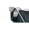 Grijs- en donkerblauw tunneltent met open ingang, neon scheerlijnen en tentstokken, zicht op het interieur