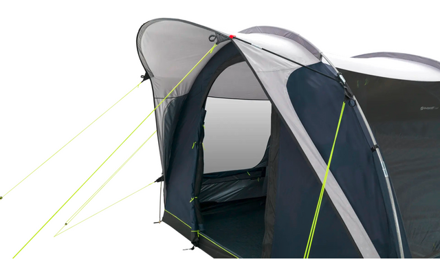 Grijs- en donkerblauw tunneltent met open ingang, neon scheerlijnen en tentstokken, zicht op het interieur
