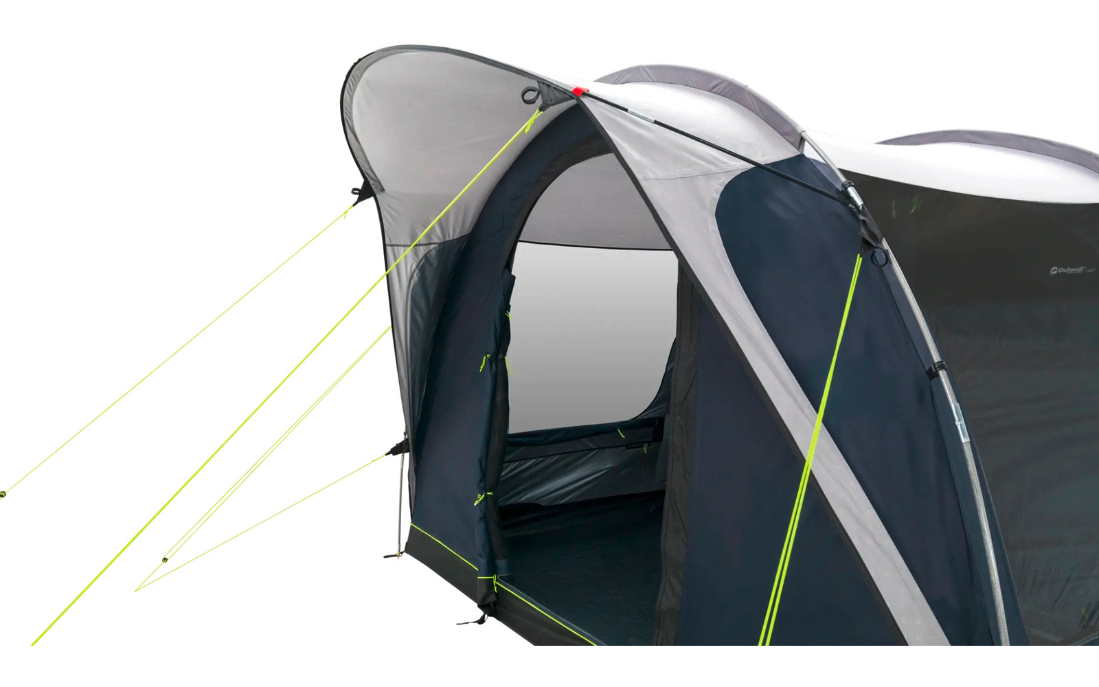 Grijs- en donkerblauw tunneltent met open ingang, neon scheerlijnen en tentstokken, zicht op het interieur