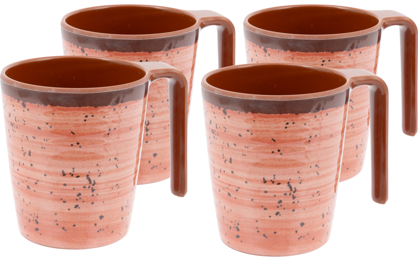Vier rosa-hellbraune Becher mit dunklen Sprenkeln, jeweils mit dunkelbraunem Innenraum und Griff, auf weißem Hintergrund