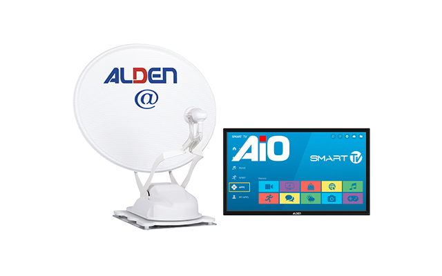 Weiße Satellitenschüssel mit ALDEN Logo und blau-rotem @ Zeichen neben einem Bildschirm, der das Aio Smart TV Menü zeigt