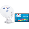 Weiße Satellitenschüssel mit ALDEN Logo und blau-rotem @ Zeichen neben einem Bildschirm, der das Aio Smart TV Menü zeigt