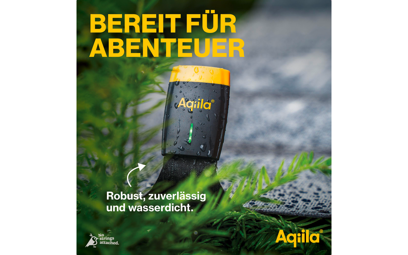 Een geel-zwarte waterfles met het Aqila-logo en tekst erop, tegen een donkerblauwe achtergrond met gele tekst linksboven